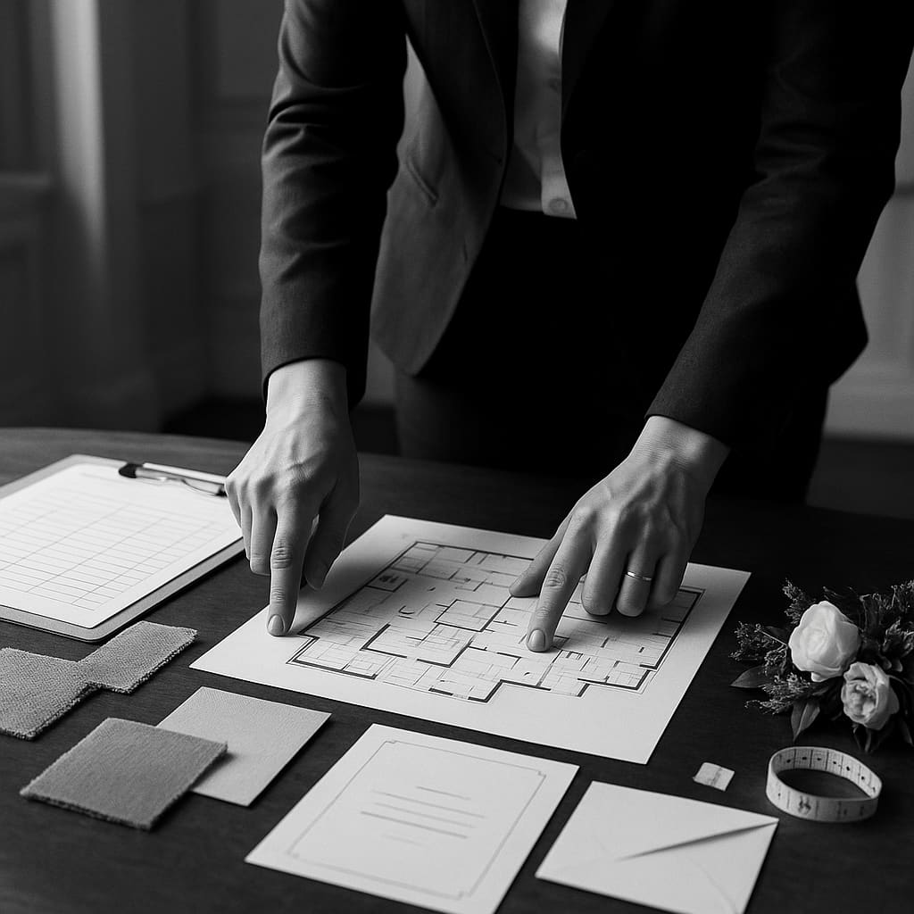 Wedding Planner prüft Locationplan und Dienstleister-Zeitplan